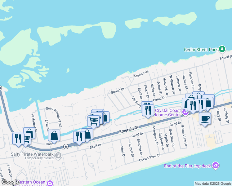 map of restaurants, bars, coffee shops, grocery stores, and more near 301-325 Baytree Lane in Emerald Isle
