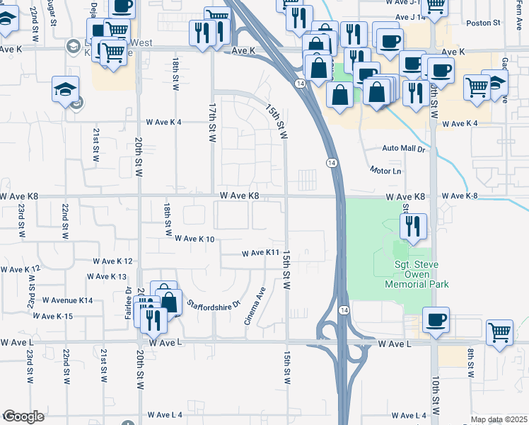 map of restaurants, bars, coffee shops, grocery stores, and more near 1530 West Avenue K8 in Lancaster