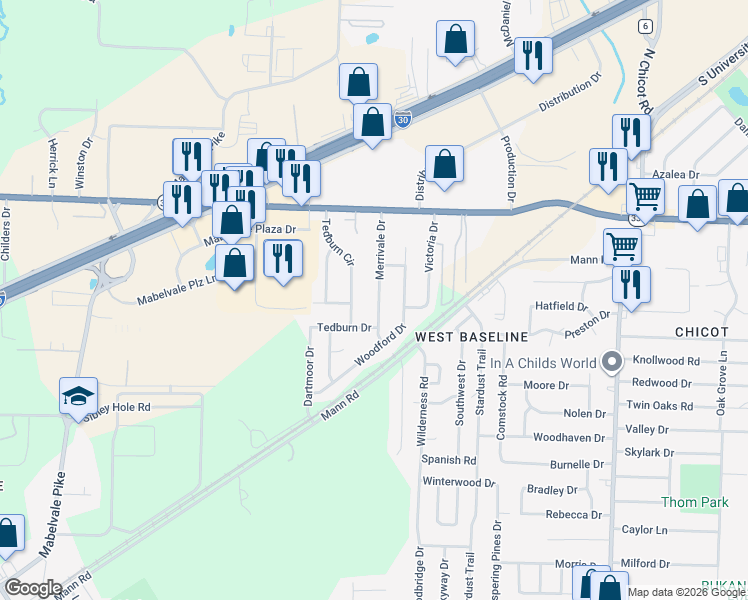 map of restaurants, bars, coffee shops, grocery stores, and more near 9209 Merrivale Drive in Little Rock