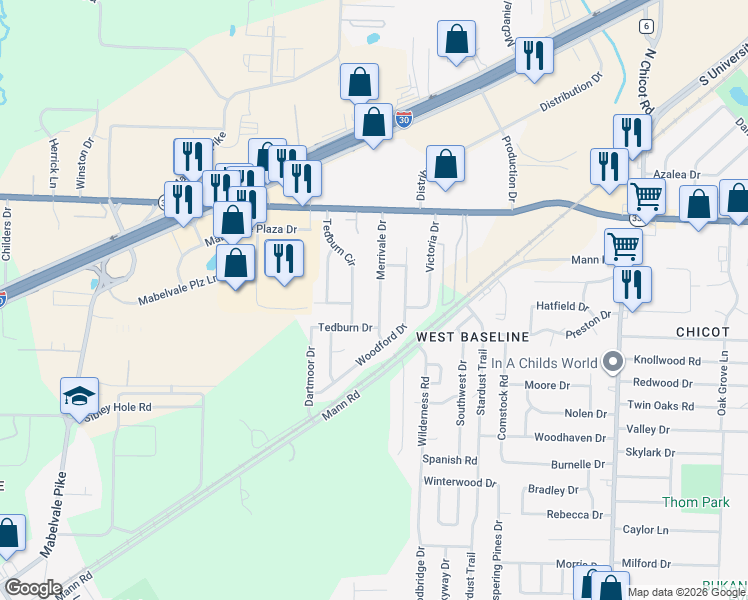 map of restaurants, bars, coffee shops, grocery stores, and more near 9209 Merrivale Drive in Little Rock