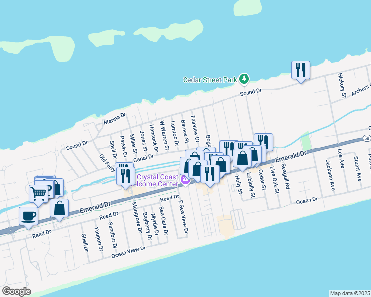 map of restaurants, bars, coffee shops, grocery stores, and more near 8305 Canal Drive in Emerald Isle