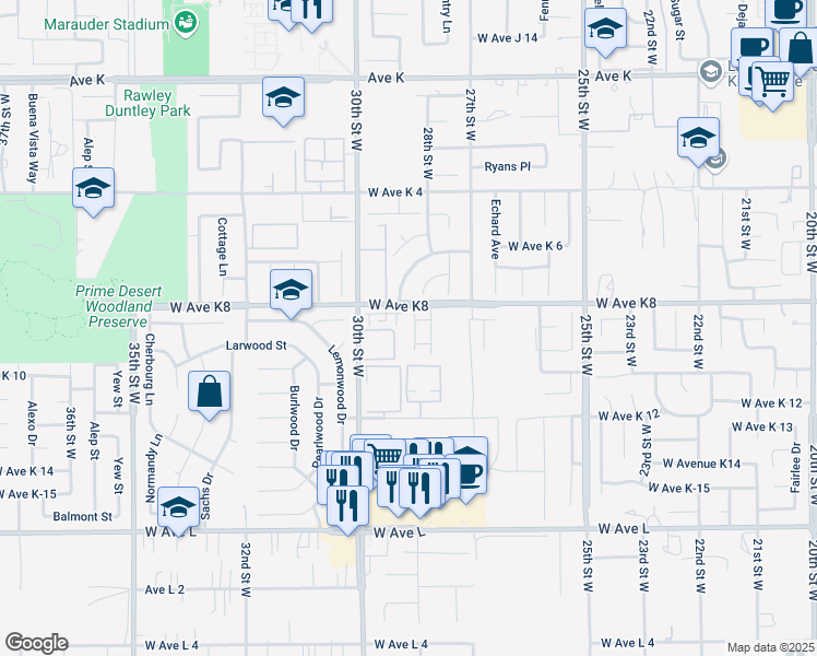 map of restaurants, bars, coffee shops, grocery stores, and more near 43141 Ruth Lane in Lancaster