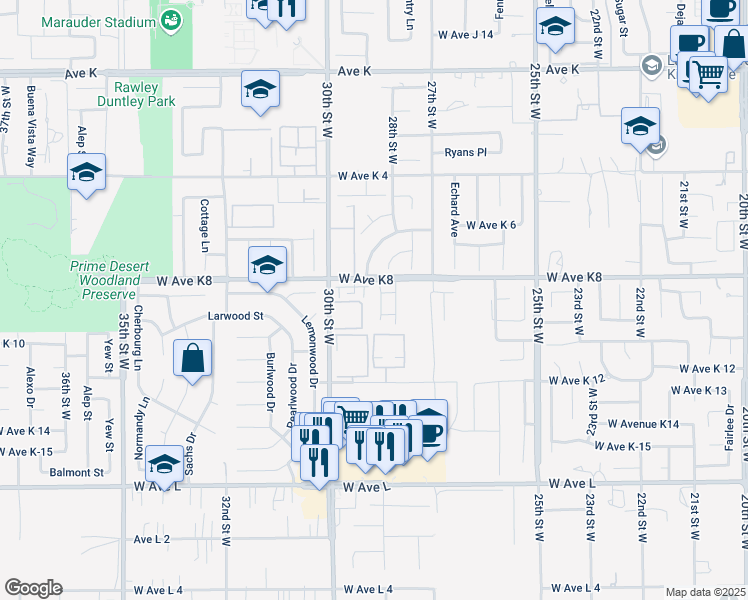 map of restaurants, bars, coffee shops, grocery stores, and more near 43141 Ruth Lane in Lancaster