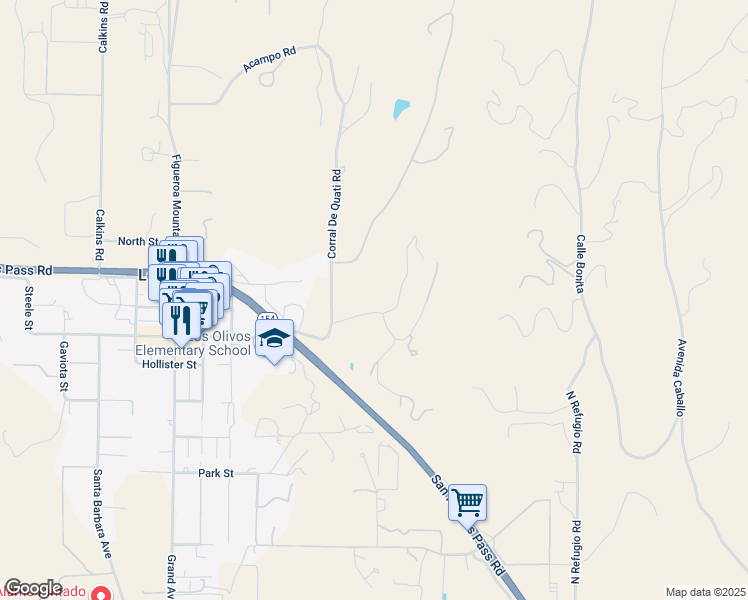 map of restaurants, bars, coffee shops, grocery stores, and more near 2945 Bramadero Road in Los Olivos