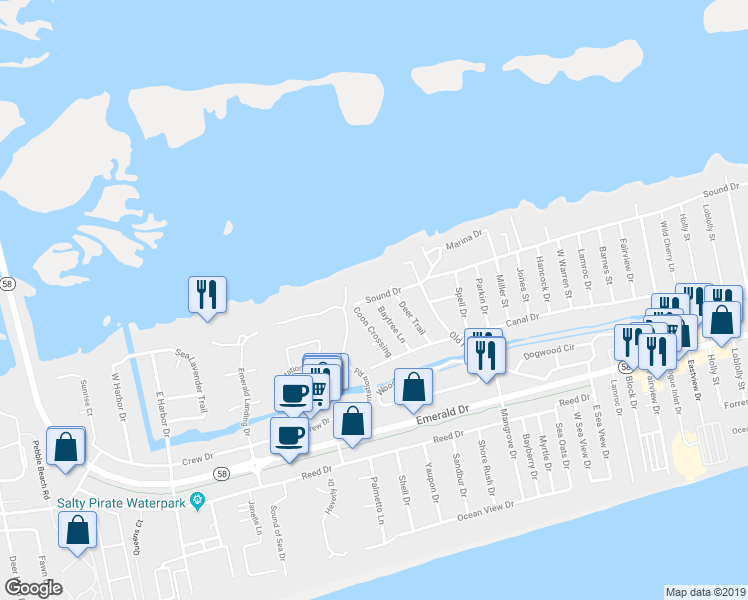 map of restaurants, bars, coffee shops, grocery stores, and more near 325 Baytree Ln in Emerald Isle