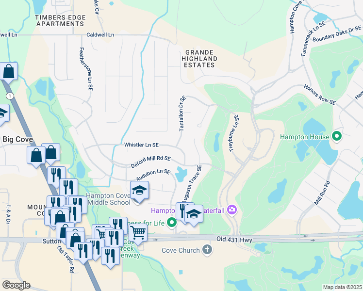 map of restaurants, bars, coffee shops, grocery stores, and more near 2734 Whistler Lane Southeast in Owens Cross Roads