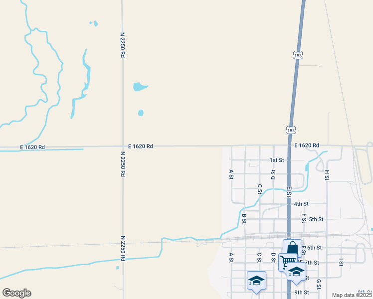 map of restaurants, bars, coffee shops, grocery stores, and more near 22526 East 1620 Road in Snyder