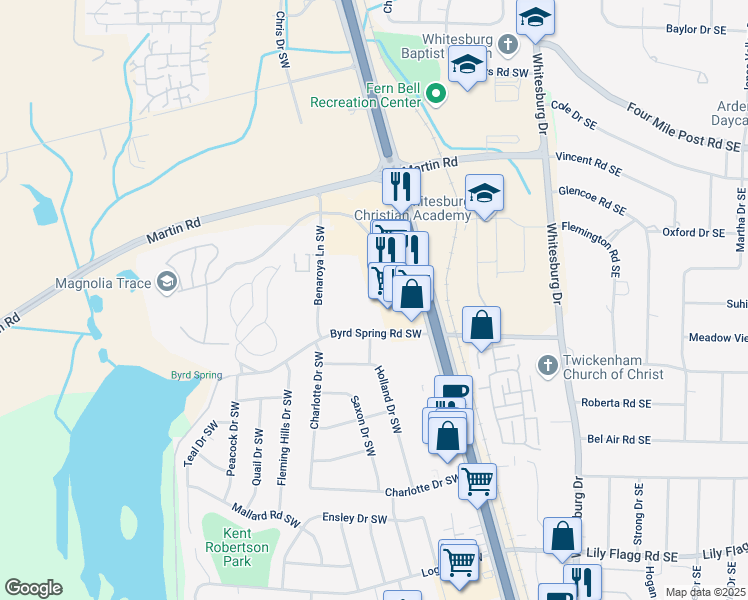 map of restaurants, bars, coffee shops, grocery stores, and more near 8003 Benaroya Lane Southwest in Huntsville
