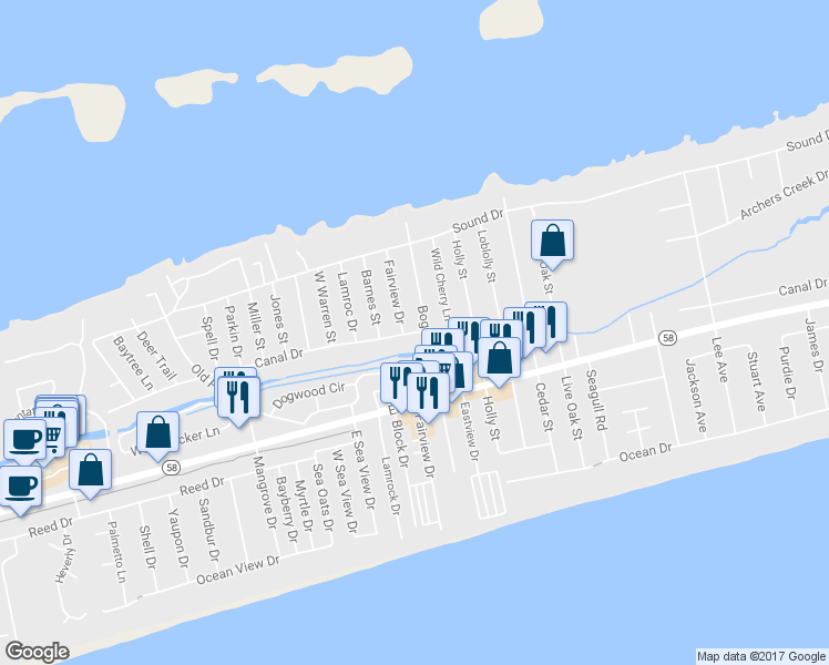 map of restaurants, bars, coffee shops, grocery stores, and more near 7403 Canal Drive in Emerald Isle