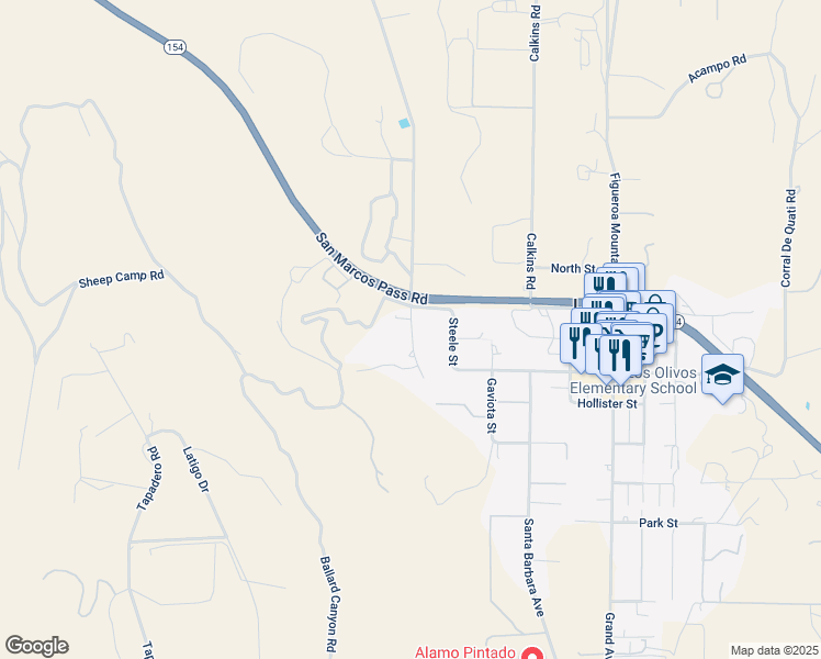 map of restaurants, bars, coffee shops, grocery stores, and more near 8000 Foxen Canyon Rd in Los Olivos
