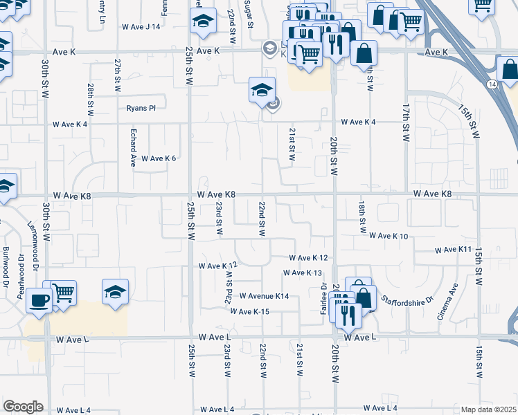 map of restaurants, bars, coffee shops, grocery stores, and more near 43155 22nd Street West in Lancaster