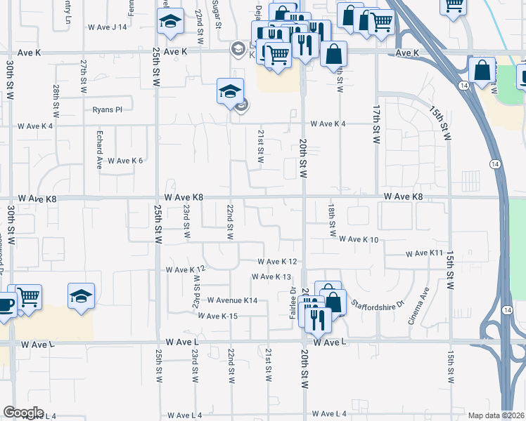 map of restaurants, bars, coffee shops, grocery stores, and more near 2130 Limewood Lane in Lancaster