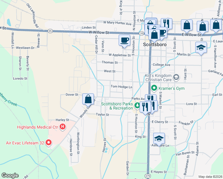 map of restaurants, bars, coffee shops, grocery stores, and more near 311 Hodges Street in Scottsboro