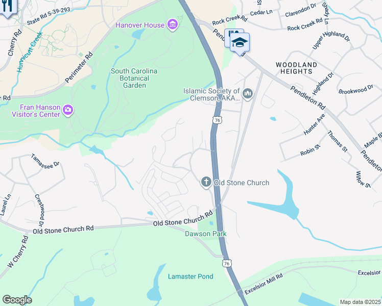 map of restaurants, bars, coffee shops, grocery stores, and more near 209 Stone Circle in Clemson