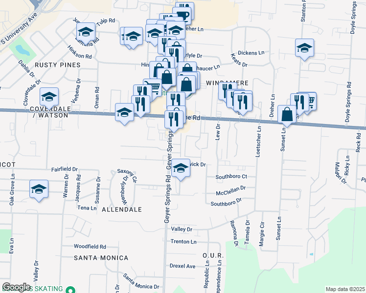 map of restaurants, bars, coffee shops, grocery stores, and more near 5813 Baseline Road in Little Rock