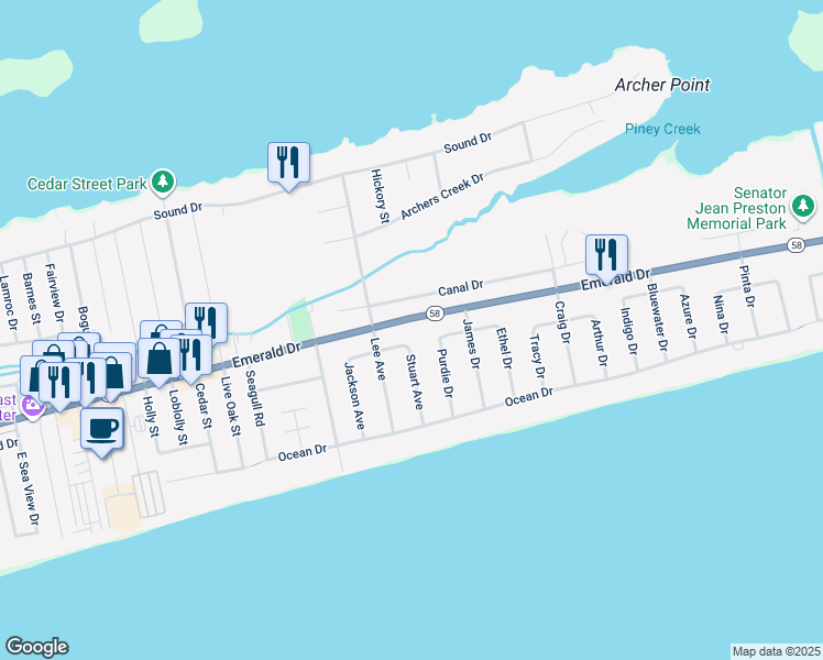 map of restaurants, bars, coffee shops, grocery stores, and more near 7315 Emerald Drive in Emerald Isle