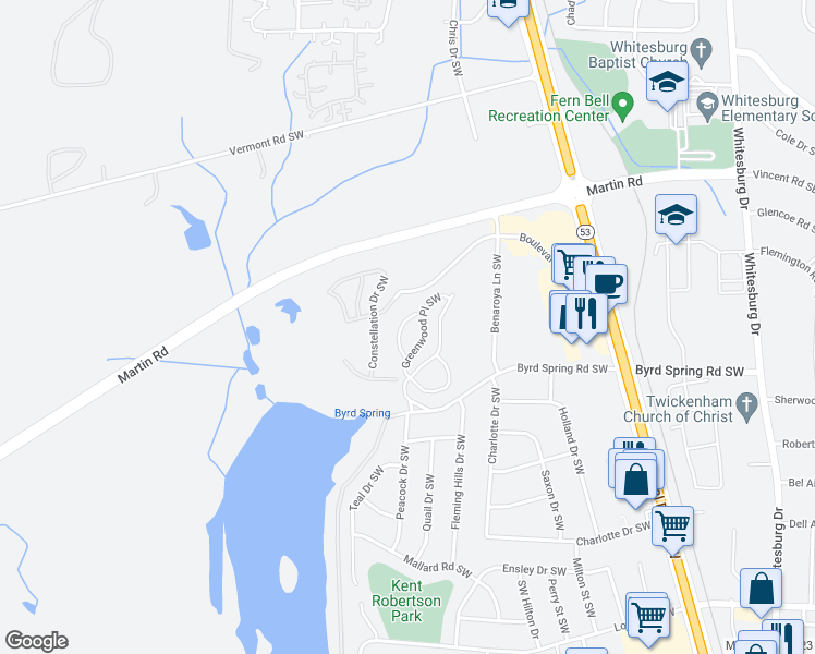 map of restaurants, bars, coffee shops, grocery stores, and more near 3031 Live Oak Lane Southwest in Huntsville