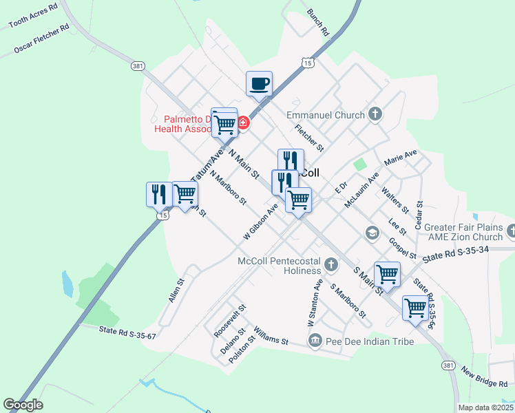 map of restaurants, bars, coffee shops, grocery stores, and more near 207 Marlboro Street in McColl