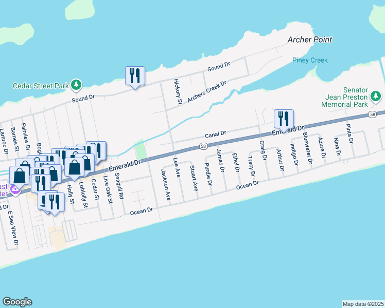 map of restaurants, bars, coffee shops, grocery stores, and more near 7315 Emerald Drive in Emerald Isle
