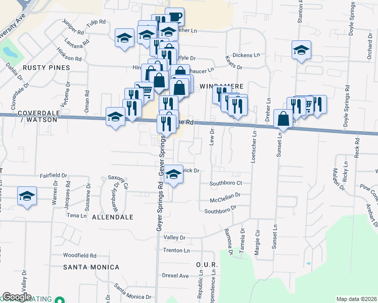 map of restaurants, bars, coffee shops, grocery stores, and more near 5813 Baseline Road in Little Rock
