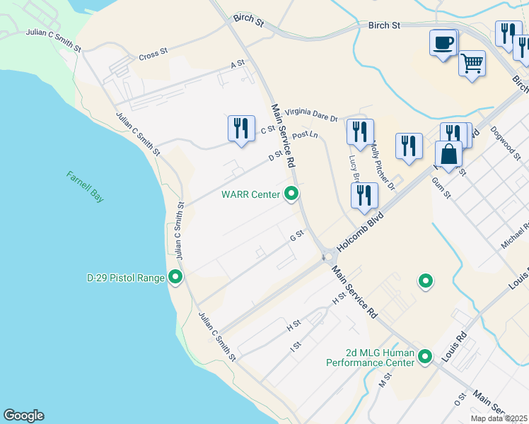map of restaurants, bars, coffee shops, grocery stores, and more near E Street in Jacksonville