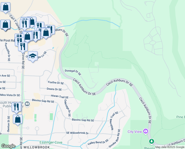 map of restaurants, bars, coffee shops, grocery stores, and more near 7860 Walsingham Road Southeast in Huntsville