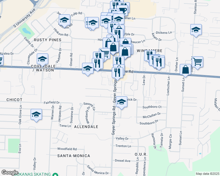 map of restaurants, bars, coffee shops, grocery stores, and more near 9100 Geyer Springs Road in Little Rock