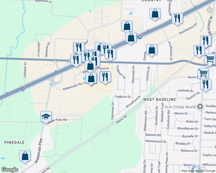 map of restaurants, bars, coffee shops, grocery stores, and more near 8723 Duncan Drive in Little Rock