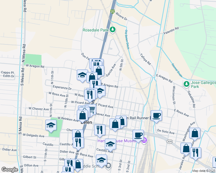 map of restaurants, bars, coffee shops, grocery stores, and more near 607 North 6th Street in Belen