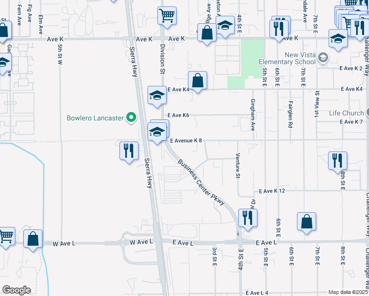 map of restaurants, bars, coffee shops, grocery stores, and more near 200 East Avenue K 8 in Lancaster