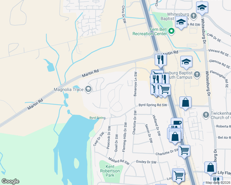map of restaurants, bars, coffee shops, grocery stores, and more near 2138 Greenwood Place Southwest in Huntsville