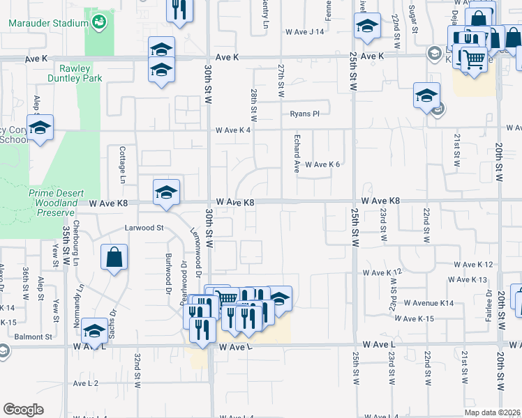 map of restaurants, bars, coffee shops, grocery stores, and more near 43156 28th Street West in Lancaster