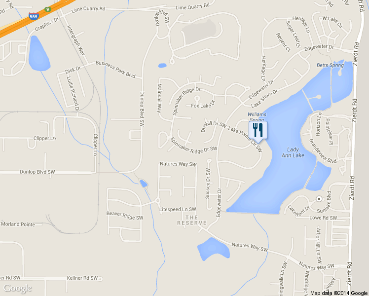 map of restaurants, bars, coffee shops, grocery stores, and more near 442 Natures Way Southwest in Huntsville