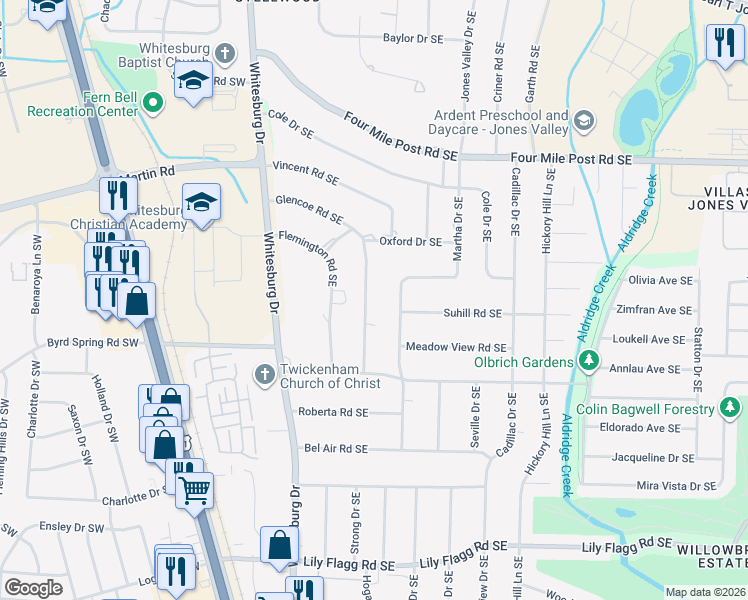 map of restaurants, bars, coffee shops, grocery stores, and more near 7800 Martha Drive Southeast in Huntsville