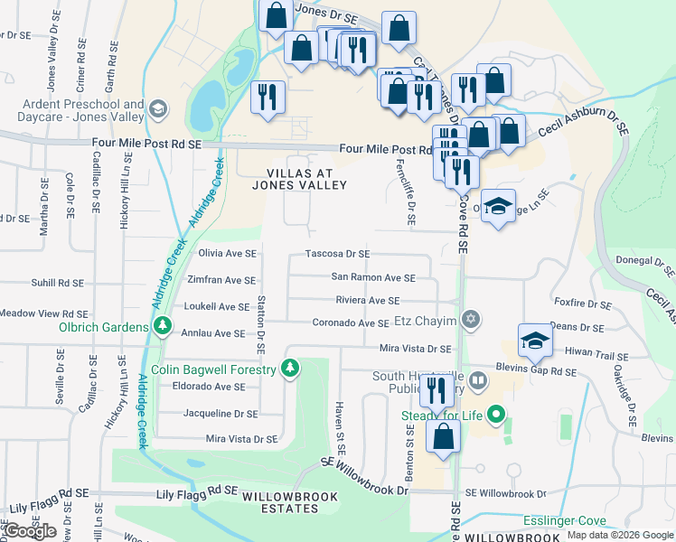 map of restaurants, bars, coffee shops, grocery stores, and more near 911 Riviera Avenue Southeast in Huntsville