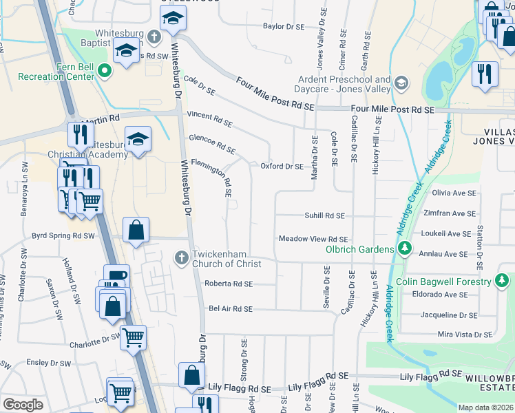 map of restaurants, bars, coffee shops, grocery stores, and more near 7800 Martha Drive Southeast in Huntsville