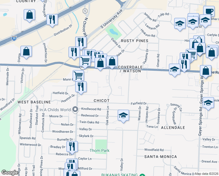 map of restaurants, bars, coffee shops, grocery stores, and more near 2 Conifer Place in Little Rock