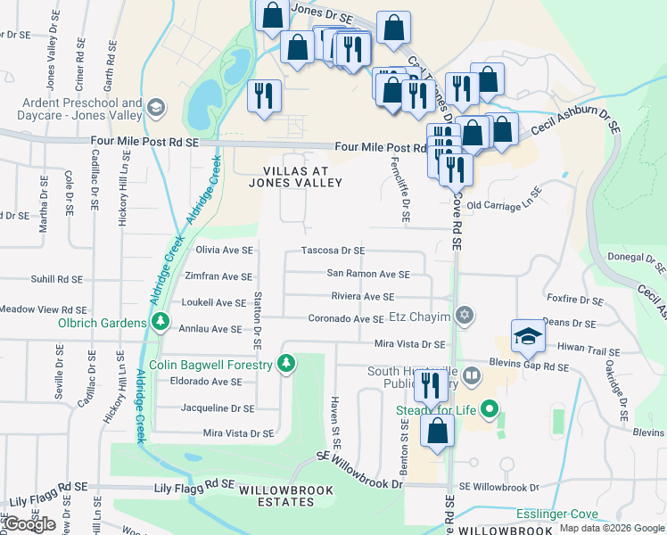 map of restaurants, bars, coffee shops, grocery stores, and more near 911 Riviera Avenue Southeast in Huntsville