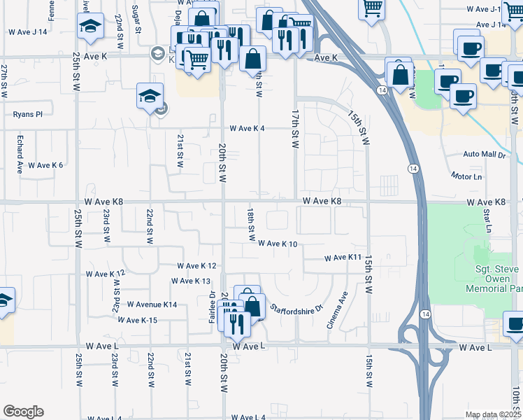 map of restaurants, bars, coffee shops, grocery stores, and more near 1803 West Avenue K 9 in Lancaster