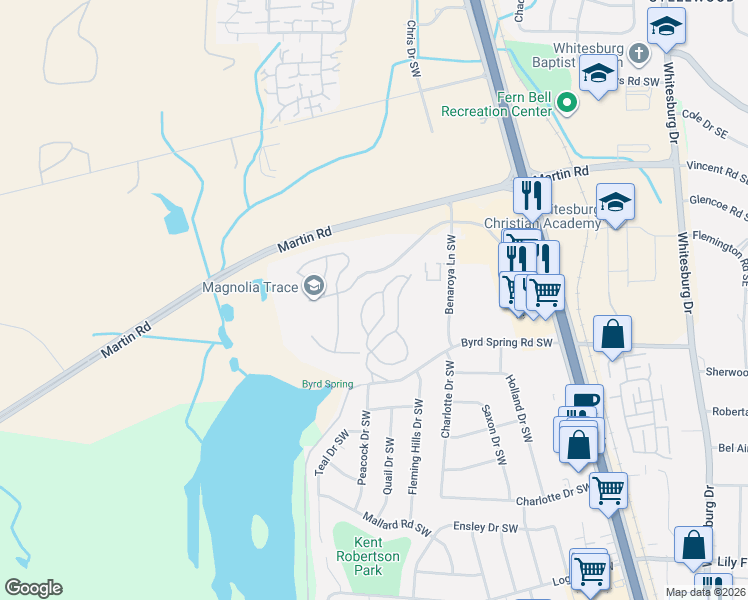 map of restaurants, bars, coffee shops, grocery stores, and more near 2138 Greenwood Place Southwest in Huntsville