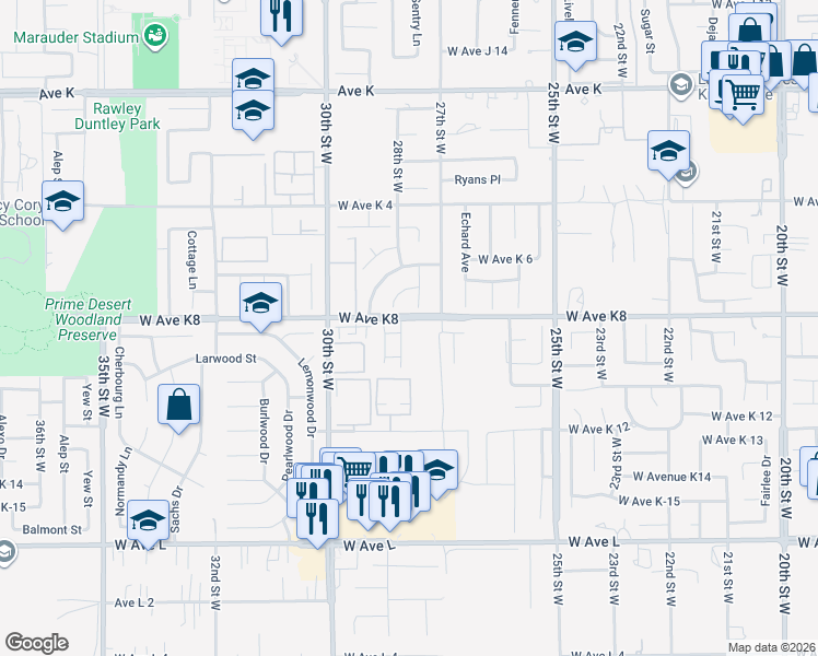map of restaurants, bars, coffee shops, grocery stores, and more near 43156 28th Street West in Lancaster