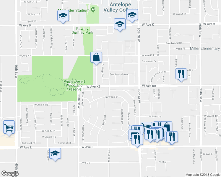 map of restaurants, bars, coffee shops, grocery stores, and more near 3171 Lemonwood Drive in Lancaster