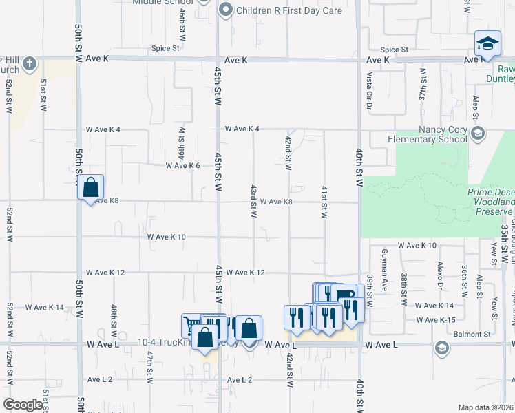 map of restaurants, bars, coffee shops, grocery stores, and more near 4258 West Avenue K8 in Lancaster