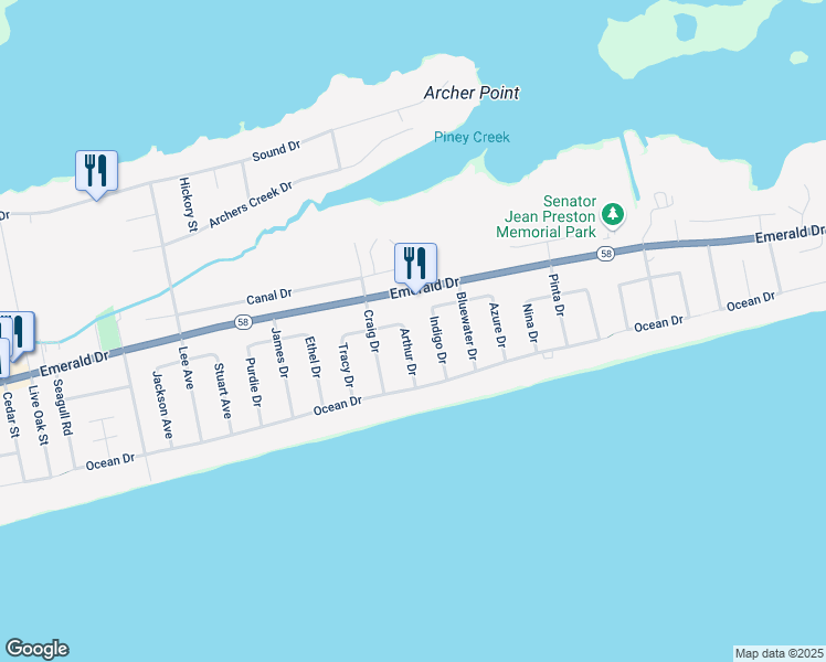 map of restaurants, bars, coffee shops, grocery stores, and more near 114 Arthur Drive in Emerald Isle