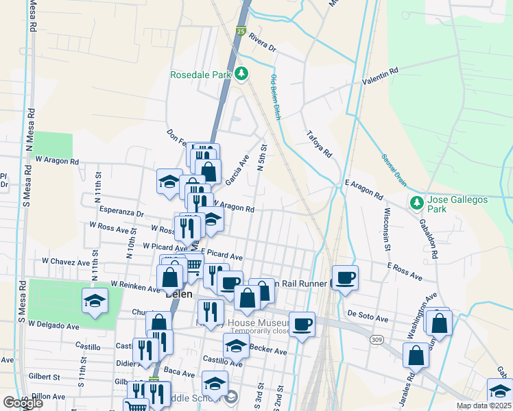 map of restaurants, bars, coffee shops, grocery stores, and more near 711 North 5th Street in Belen
