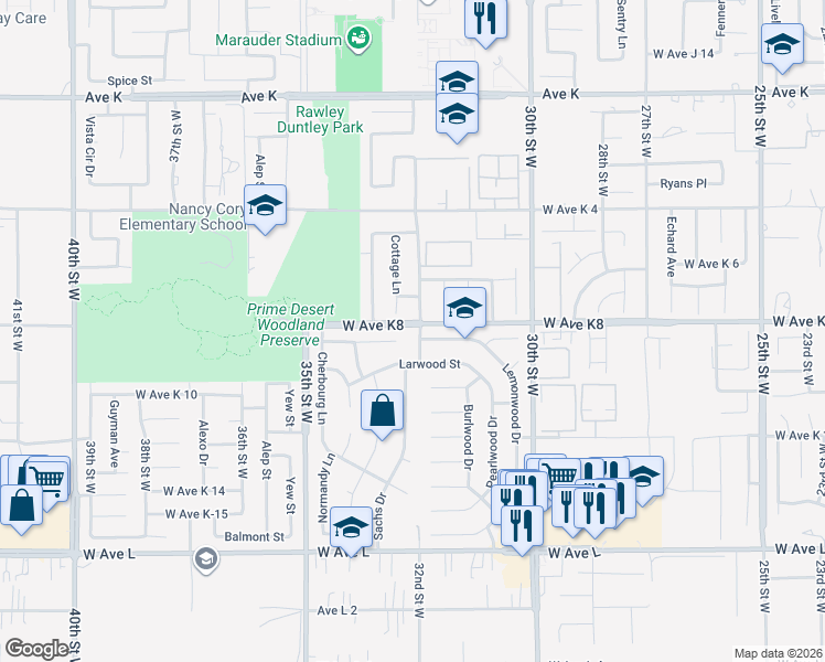 map of restaurants, bars, coffee shops, grocery stores, and more near 43137 32nd Street West in Lancaster