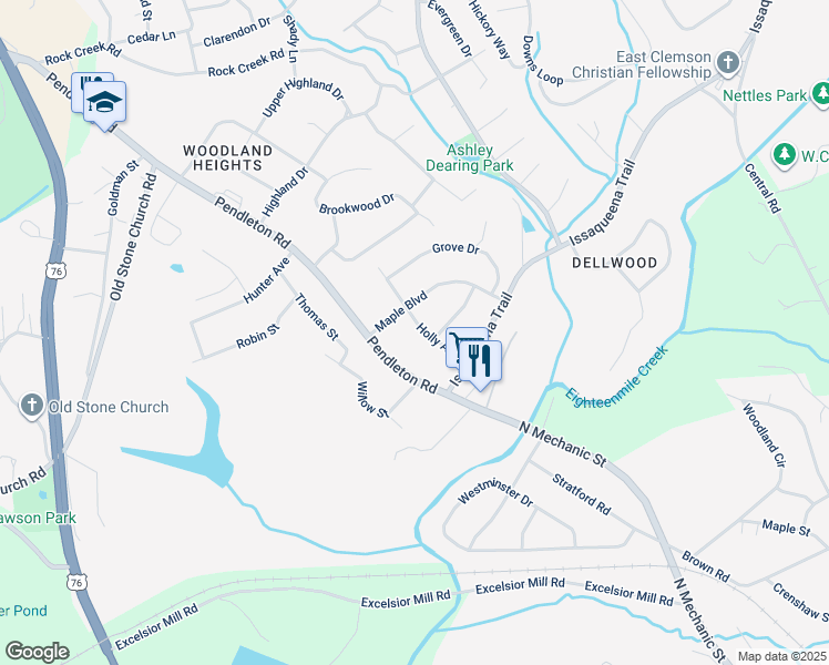 map of restaurants, bars, coffee shops, grocery stores, and more near 207 Holly Avenue in Clemson