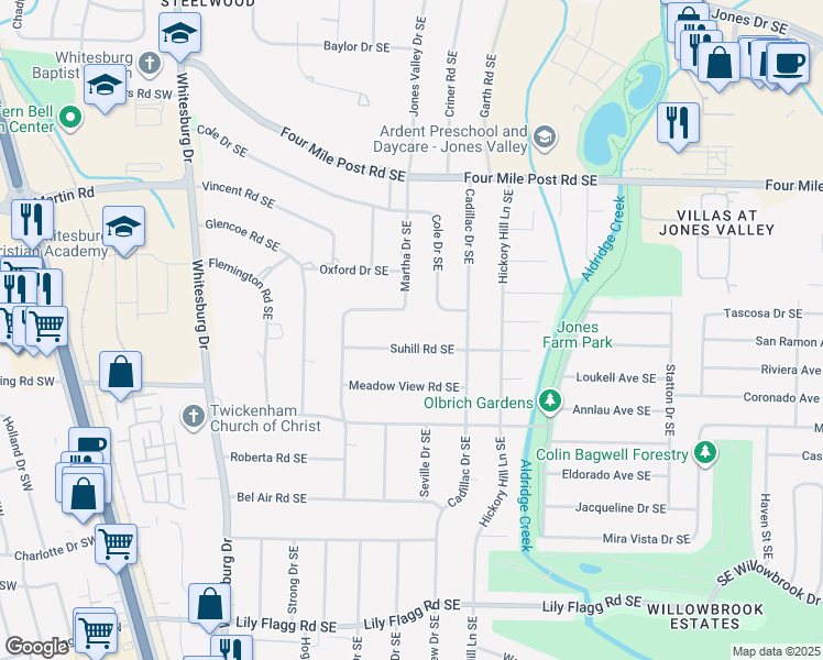 map of restaurants, bars, coffee shops, grocery stores, and more near 7601 Martha Drive Southeast in Huntsville