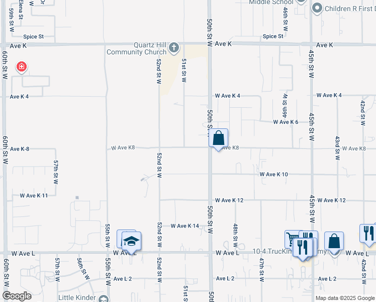 map of restaurants, bars, coffee shops, grocery stores, and more near 5050 West Avenue K8 in Lancaster