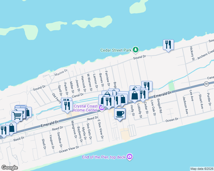 map of restaurants, bars, coffee shops, grocery stores, and more near 311 Fairview Drive in Emerald Isle